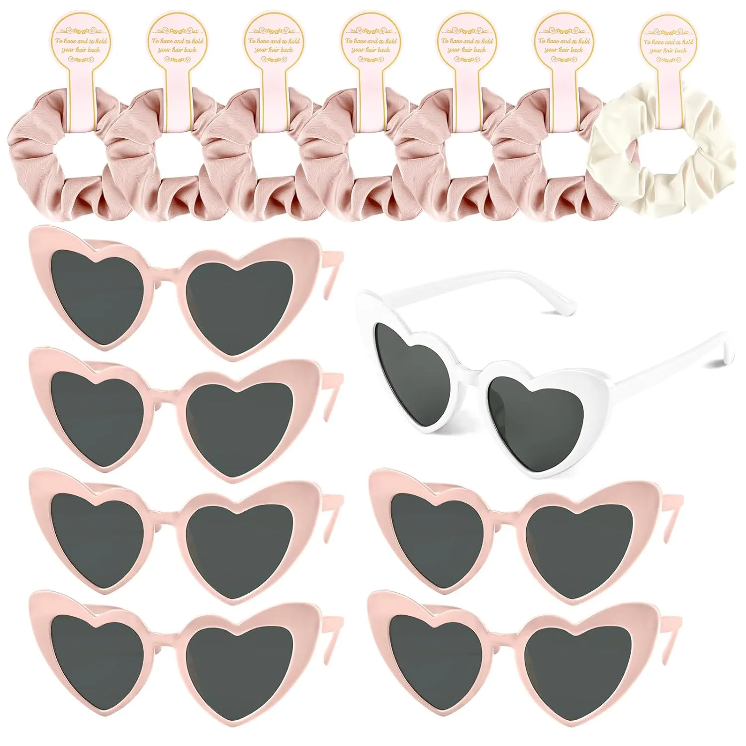 7 Pcs Satin Bridesmaid Scrunchies 7 Pairs Bachelorette Sunglasses Elastic Bridal Party Hair Ties Ideas Gift Heart Shaped Sunglasses for Wedding Party Bridesmaid Proposal Gifts (Pink, White)