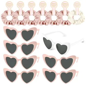 7 Pcs Satin Bridesmaid Scrunchies 7 Pairs Bachelorette Sunglasses Elastic Bridal Party Hair Ties Ideas Gift Heart Shaped Sunglasses for Wedding Party Bridesmaid Proposal Gifts (Pink, White)