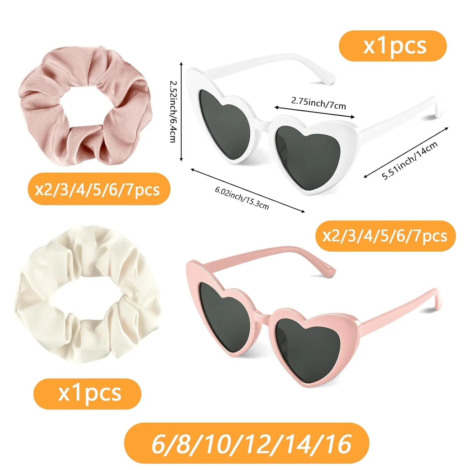 7 Pcs Satin Bridesmaid Scrunchies 7 Pairs Bachelorette Sunglasses Elastic Bridal Party Hair Ties Ideas Gift Heart Shaped Sunglasses for Wedding Party Bridesmaid Proposal Gifts (Pink, White)