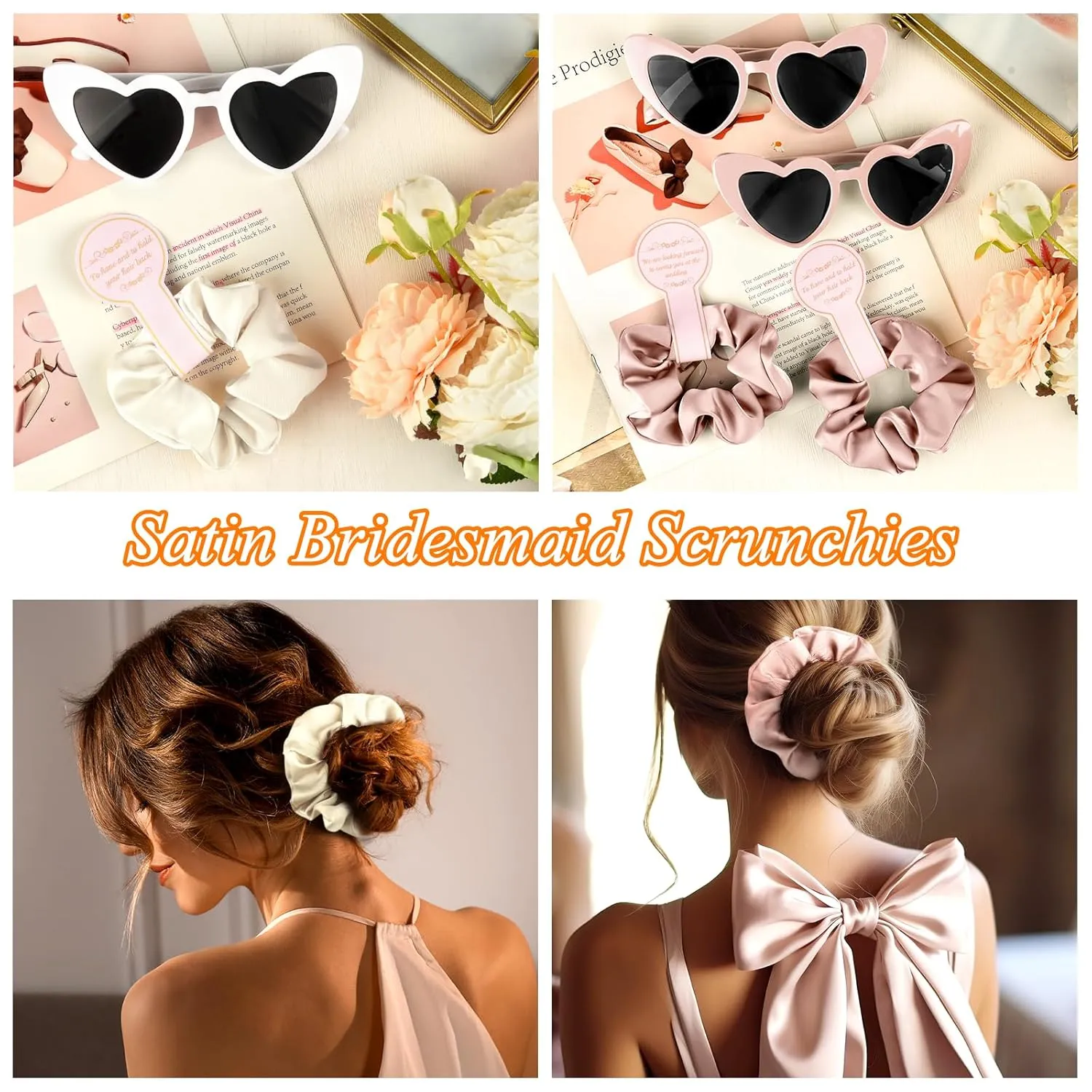 7 Pcs Satin Bridesmaid Scrunchies 7 Pairs Bachelorette Sunglasses Elastic Bridal Party Hair Ties Ideas Gift Heart Shaped Sunglasses for Wedding Party Bridesmaid Proposal Gifts (Pink, White)