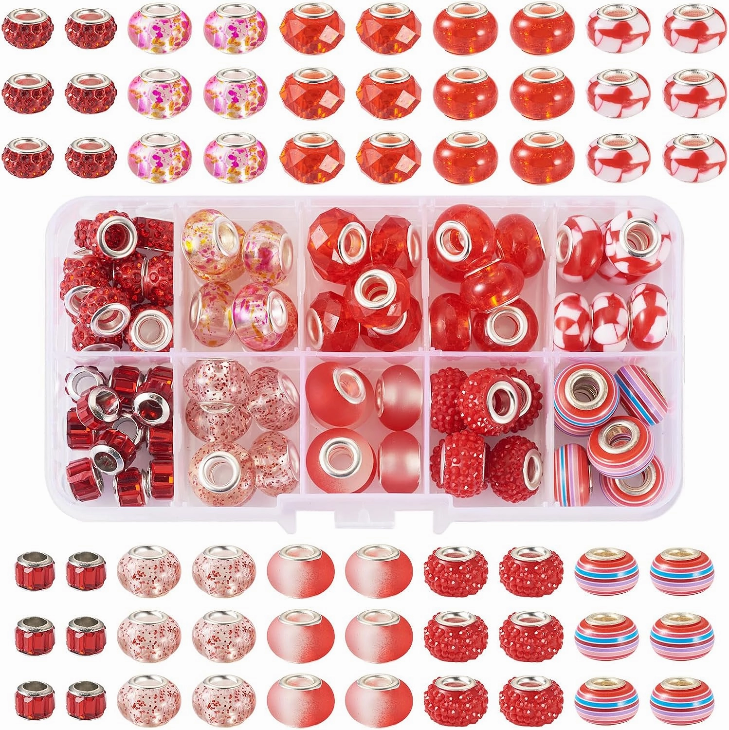 72 pcs Large Hole European Beads for Mom Jewelry Making 10 Style Red Rondelle Spacer Beads Silver Cores Slide Charms Snake Chains Bracelet Beads Beadable Pen Bluk Charms Hole: 5mm