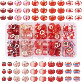 72 pcs Large Hole European Beads for Mom Jewelry Making 10 Style Red Rondelle Spacer Beads Silver Cores Slide Charms Snake Chains Bracelet Beads Beadable Pen Bluk Charms Hole: 5mm