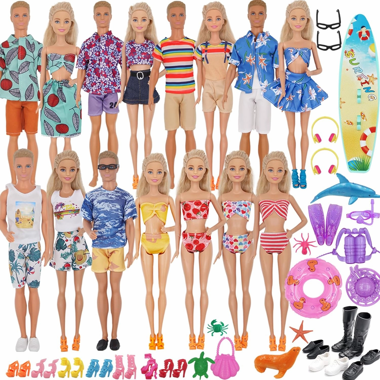 89Pcs Doll Clothes and Accessories for 12 Inch Boy Doll and 11.5 Inch Girl Doll Includes 32 Seaside Wear Clothes Bikini Marine Animal Surfboard Diving Swimming Sets 19 Pairs Shoes for Doll