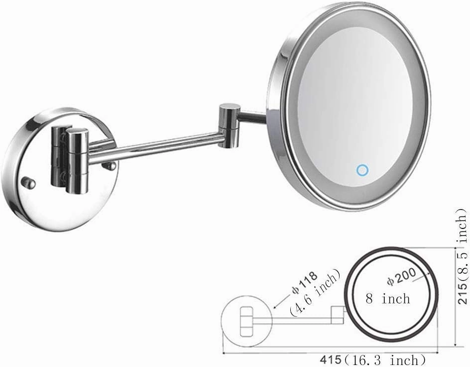 8-Inch Wall Mounted Makeup Mirror, Makeup Mirror with LED Lights Touch Screen, Single-Sided, 360 Degree Swivel, Hardwired, Extendable Arm, Round, for Bathroom(Silver,10x)