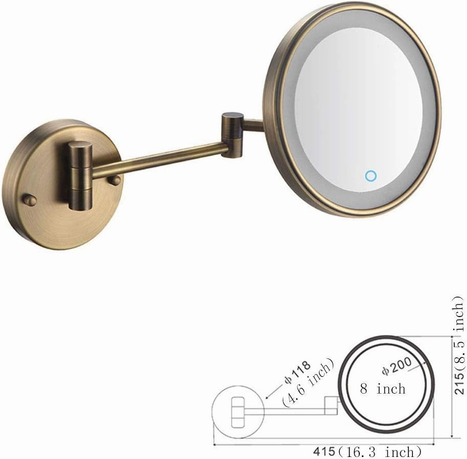 8-Inch Wall Mounted Makeup Mirror, Single-Sided, 360 Degree Swivel, Hardwired, Extendable Arm, Round, for Bathroom(Antique Color,3X)