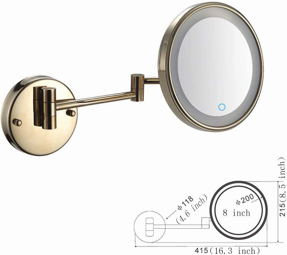 8-Inch Wall Mounted Makeup Mirror, Single-Sided, 360 Degree Swivel, Hardwired, Extendable Arm, Round, for Bathroom(Gold,7X)