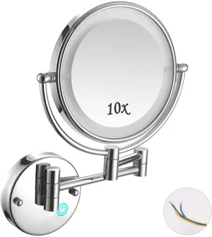 8" LED Wall Mounted Makeup Mirror, 10X Magnification, 360° Swivel, Matte Black/Rose Gold