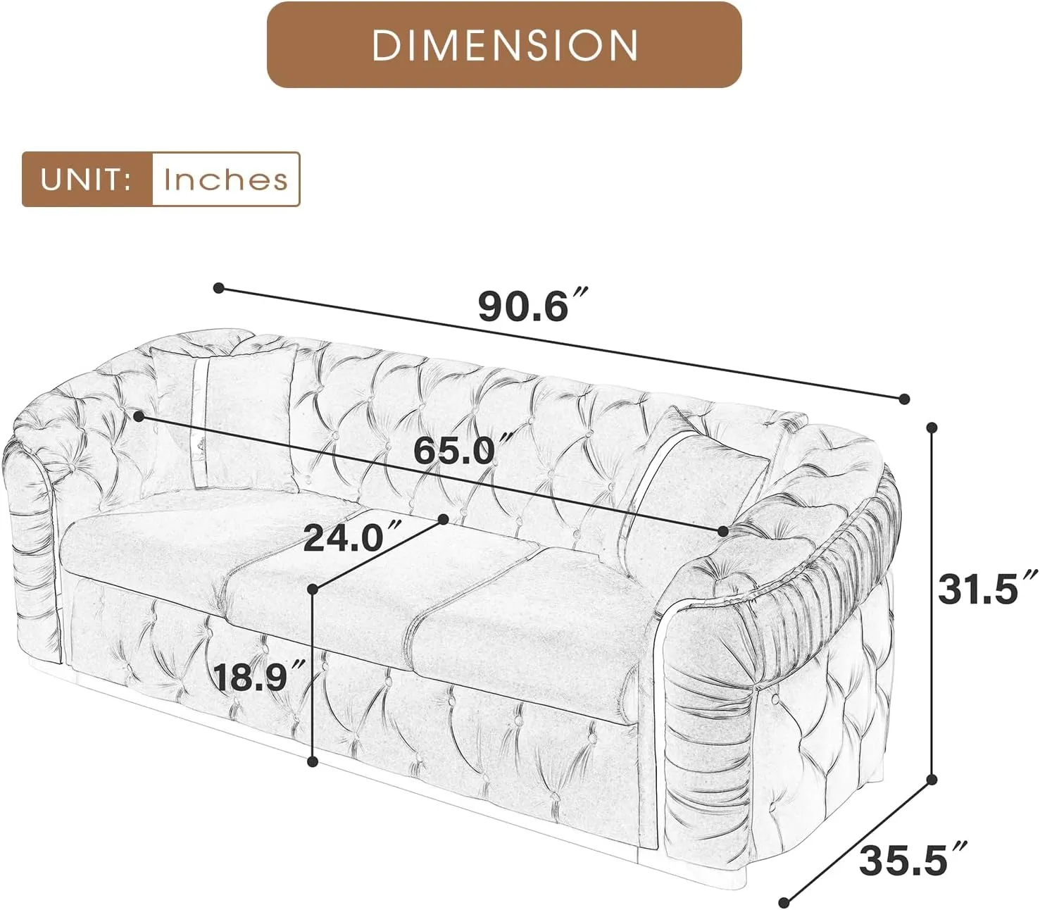 91" Velvet Upholstered Luxury Vintage Chesterfield Sofa, Button Tufted 3 Seater Couch Set with Gold Steel, Living Room Furniture, Skirt Design on Curved Armrests with 2 Throw Pillows (Beige, 1 PC)