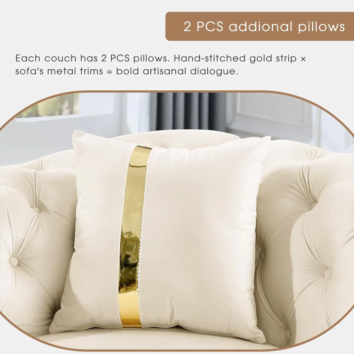 91" Velvet Upholstered Luxury Vintage Chesterfield Sofa, Button Tufted 3 Seater Couch Set with Gold Steel, Living Room Furniture, Skirt Design on Curved Armrests with 2 Throw Pillows (Beige, 1 PC)