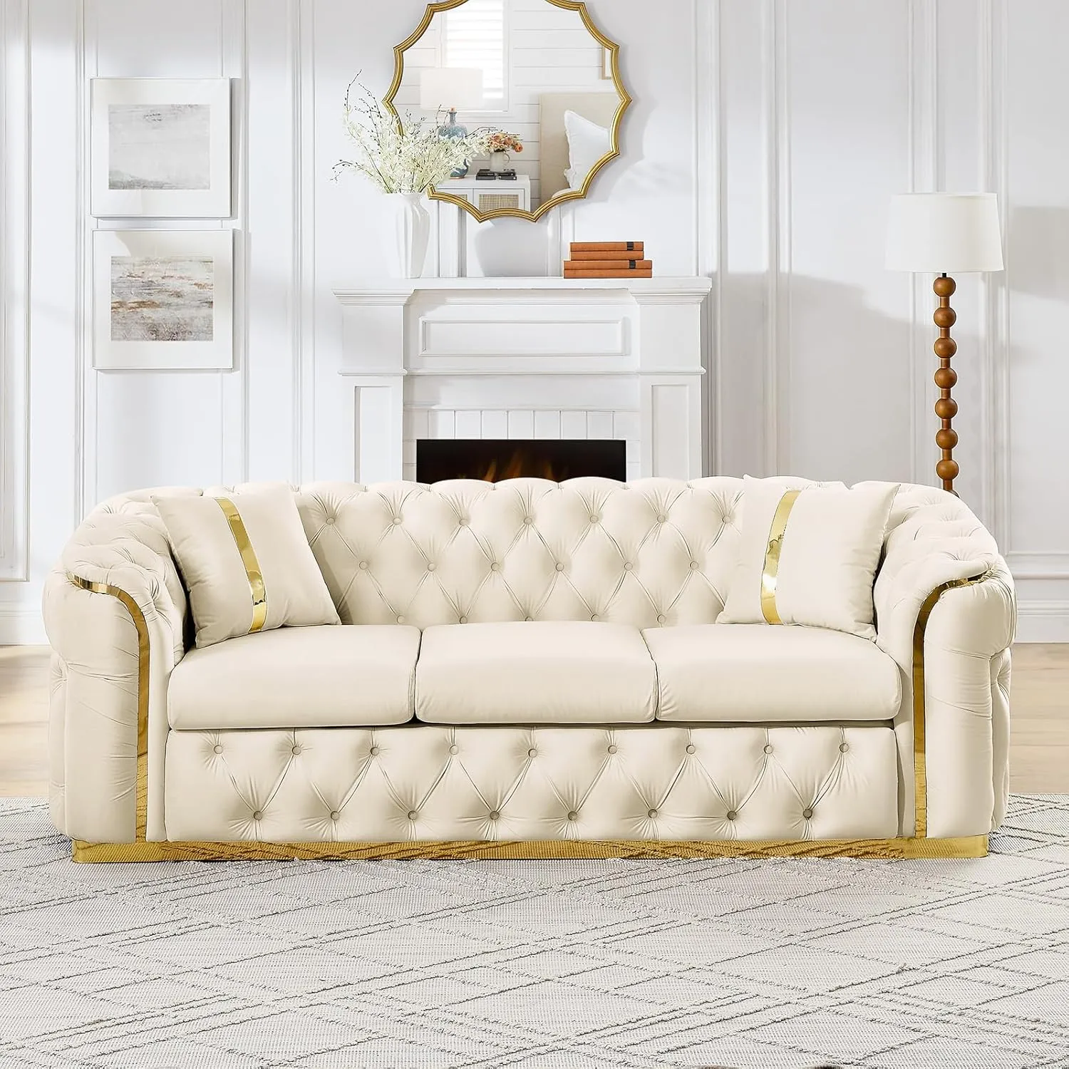 91" Velvet Upholstered Luxury Vintage Chesterfield Sofa, Button Tufted 3 Seater Couch Set with Gold Steel, Living Room Furniture, Skirt Design on Curved Armrests with 2 Throw Pillows (Beige, 1 PC)
