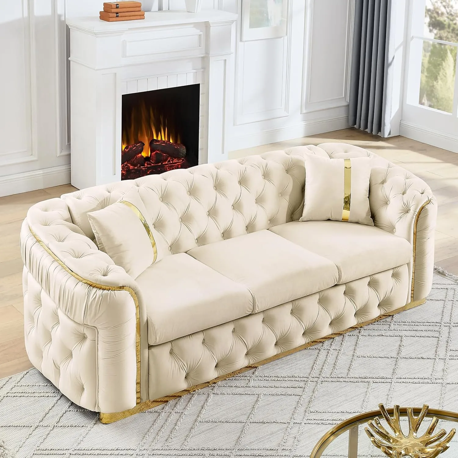 91" Velvet Upholstered Luxury Vintage Chesterfield Sofa, Button Tufted 3 Seater Couch Set with Gold Steel, Living Room Furniture, Skirt Design on Curved Armrests with 2 Throw Pillows (Beige, 1 PC)