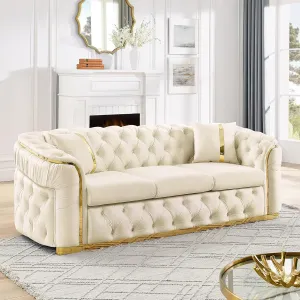 91" Velvet Upholstered Luxury Vintage Chesterfield Sofa, Button Tufted 3 Seater Couch Set with Gold Steel, Living Room Furniture, Skirt Design on Curved Armrests with 2 Throw Pillows (Beige, 1 PC)