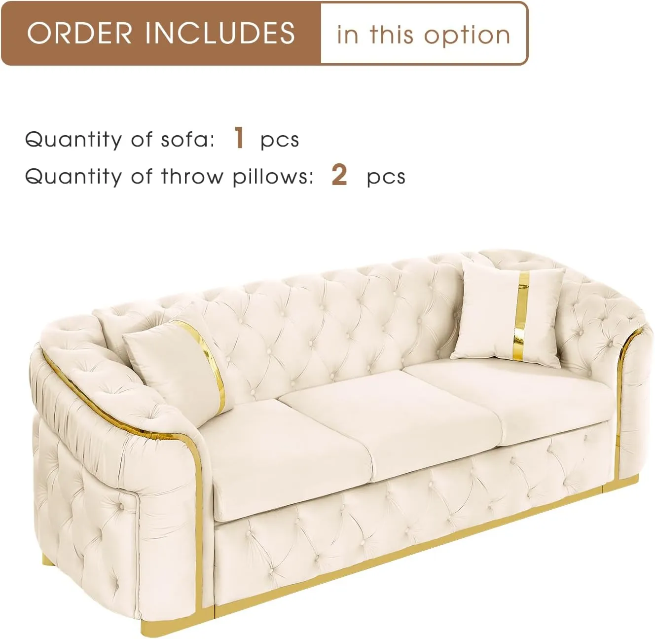 91" Velvet Upholstered Luxury Vintage Chesterfield Sofa, Button Tufted 3 Seater Couch Set with Gold Steel, Living Room Furniture, Skirt Design on Curved Armrests with 2 Throw Pillows (Beige, 1 PC)