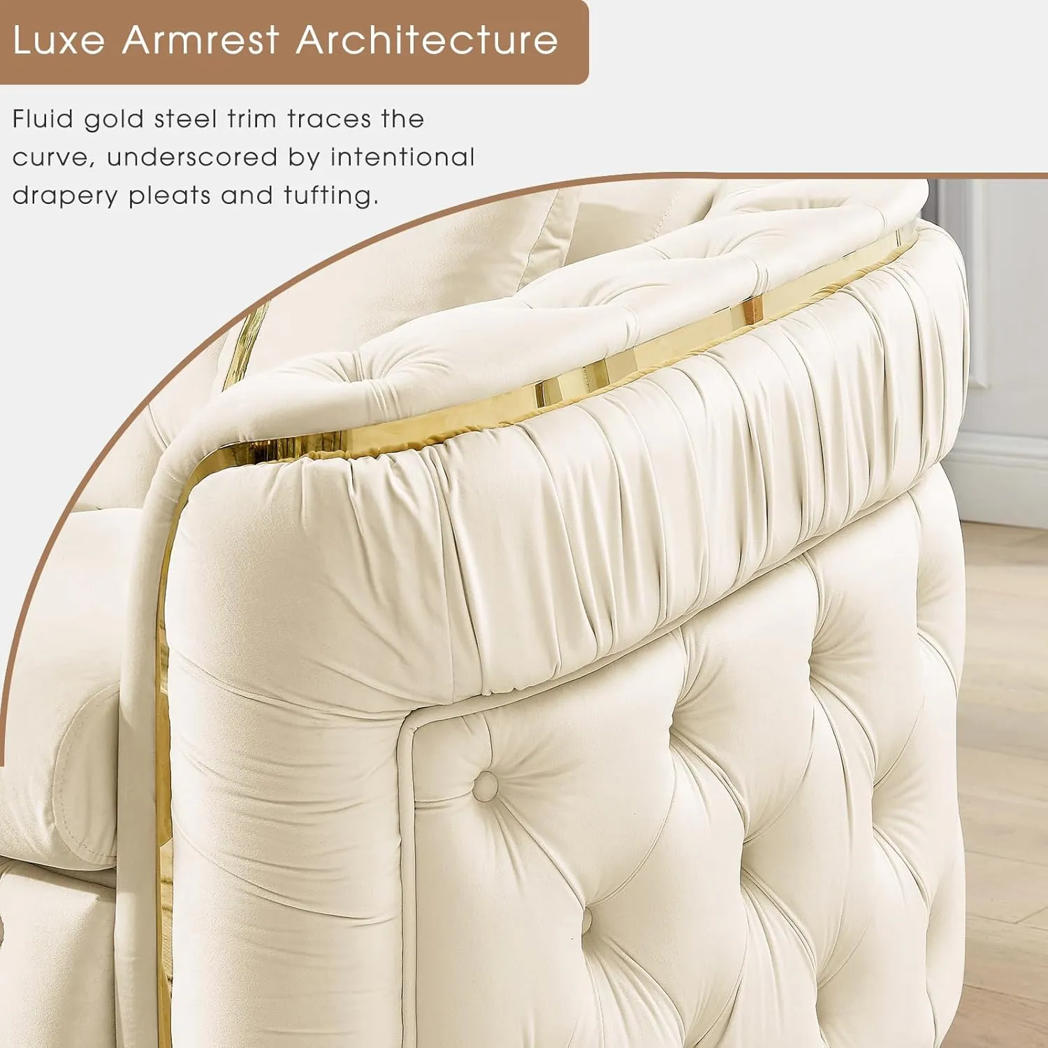 91" Velvet Upholstered Luxury Vintage Chesterfield Sofa, Button Tufted 3 Seater Couch Set with Gold Steel, Living Room Furniture, Skirt Design on Curved Armrests with 2 Throw Pillows (Beige, 1 PC)