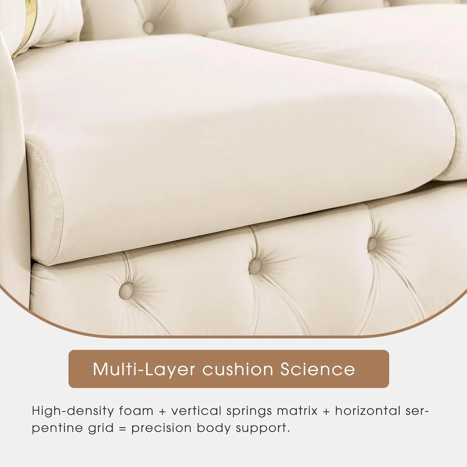 91" Velvet Upholstered Luxury Vintage Chesterfield Sofa, Button Tufted 3 Seater Couch Set with Gold Steel, Living Room Furniture, Skirt Design on Curved Armrests with 2 Throw Pillows (Beige, 1 PC)