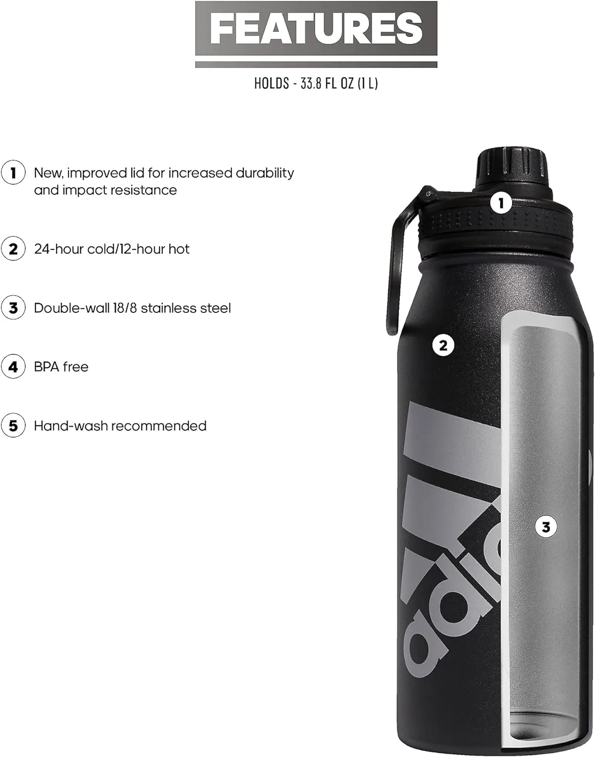 adidas 1 Liter (32 oz) Metal Water Bottle, Hot/Cold Double-Walled Insulated 18/8 Stainless Steel, Black/Silver Metallic, 32 Ounces