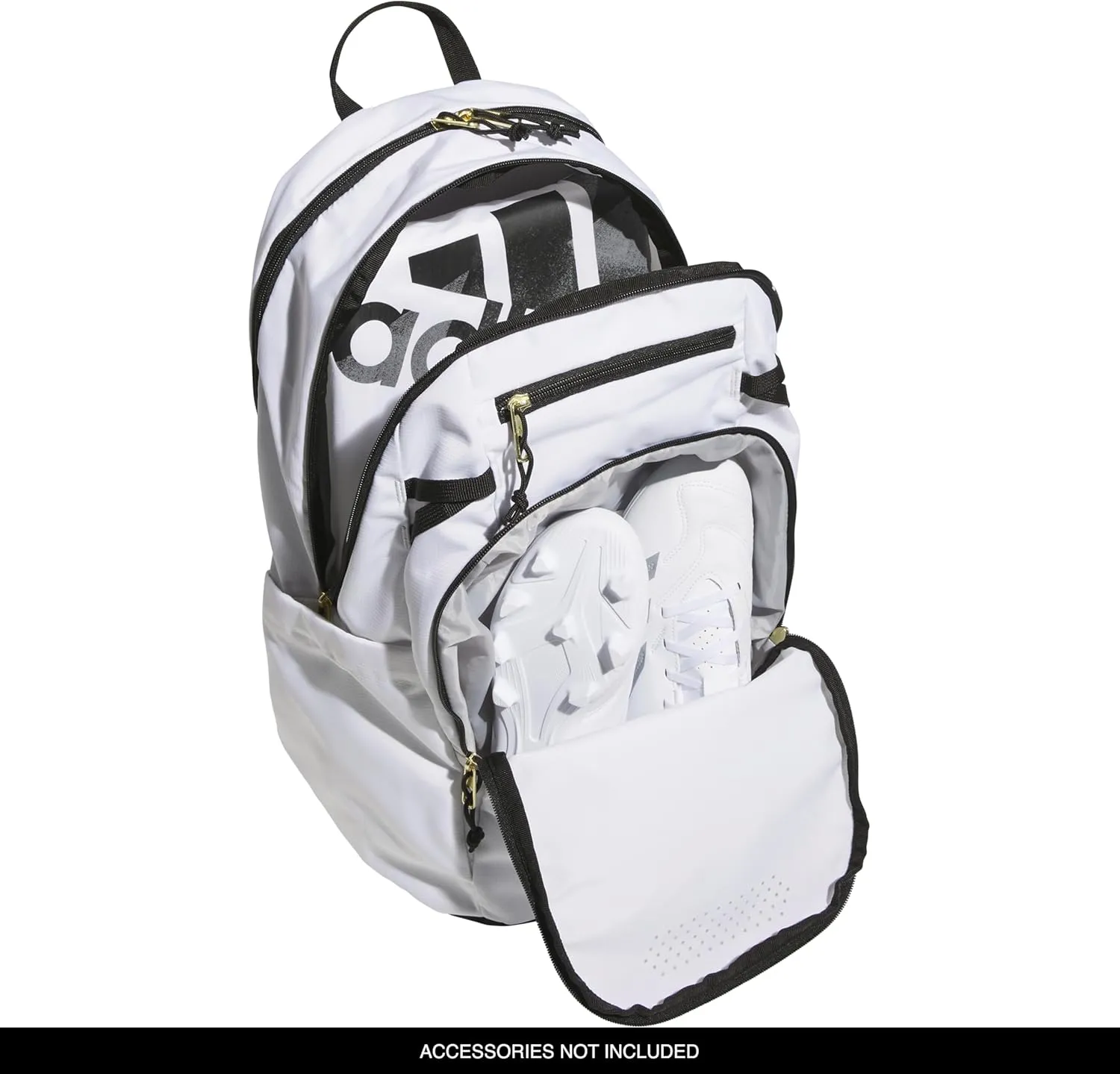 adidas Defender 5 Team Sports Backpack (33L) Durable Large Athletic Gym Laptop Travel Bag, White/Gold Metallic/Black, One Size