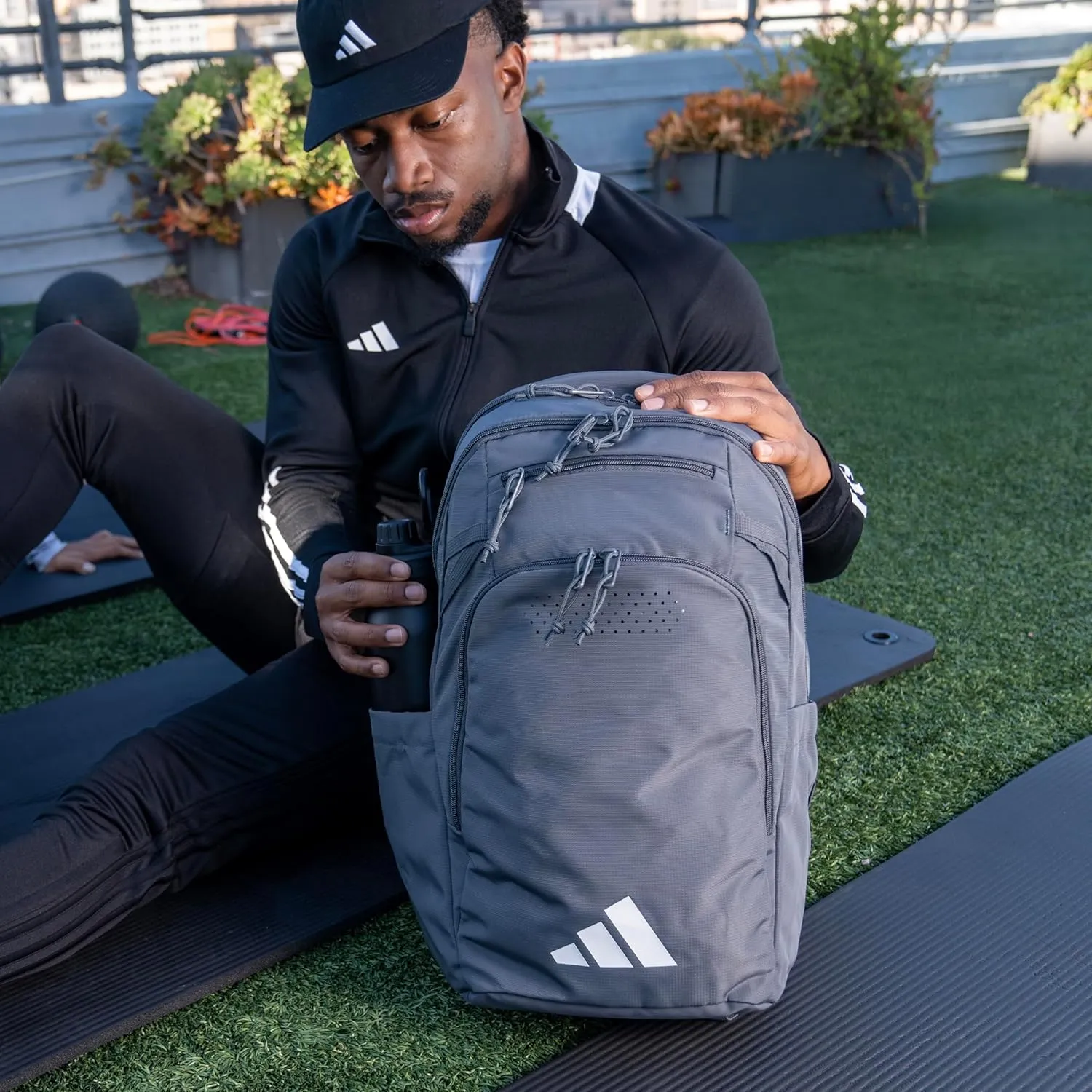 adidas Defender 5 Team Sports Backpack (33L) Durable Large Athletic Gym Laptop Travel Bag, White/Gold Metallic/Black, One Size