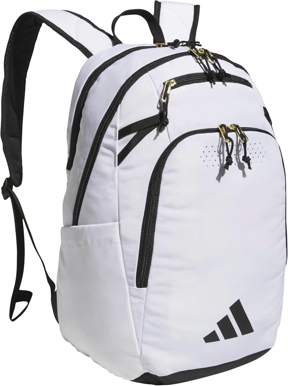 adidas Defender 5 Team Sports Backpack (33L) Durable Large Athletic Gym Laptop Travel Bag, White/Gold Metallic/Black, One Size