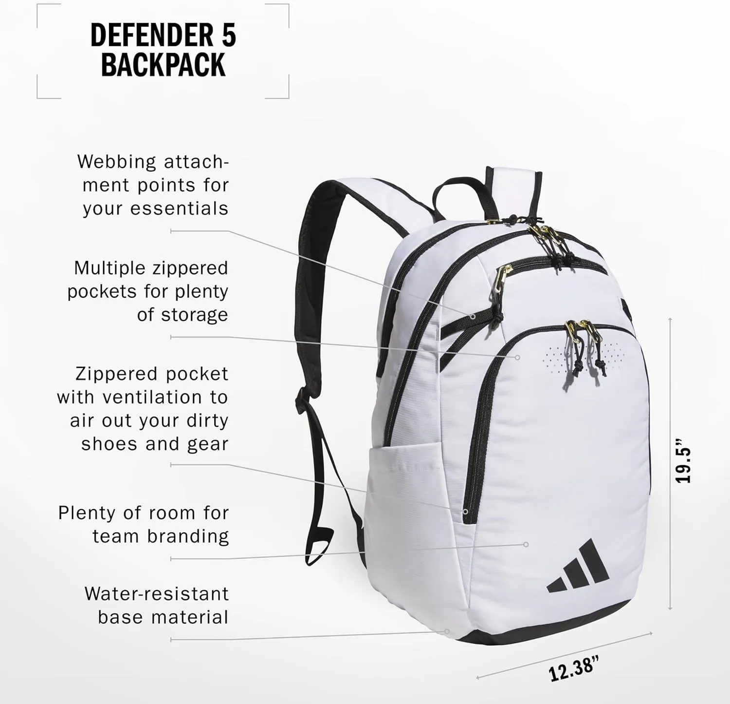 adidas Defender 5 Team Sports Backpack (33L) Durable Large Athletic Gym Laptop Travel Bag, White/Gold Metallic/Black, One Size