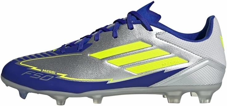 adidas Unisex F50 League Football Boots Fg/MG Football Boots, Silver Metallic Solar Yellow Lucid Blue, 10