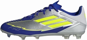 adidas Unisex F50 League Football Boots Fg/MG Football Boots, Silver Metallic Solar Yellow Lucid Blue, 10