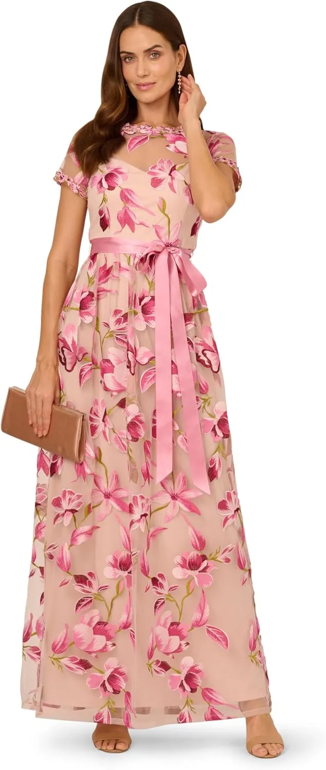 Adrianna Papell Women's Illusion Emb Tie Gown