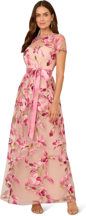 Adrianna Papell Women's Illusion Emb Tie Gown