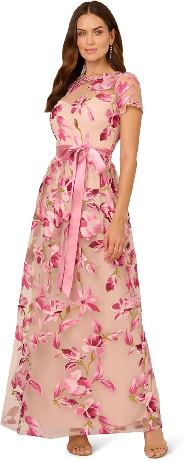 Adrianna Papell Women's Illusion Emb Tie Gown