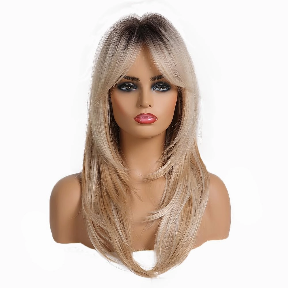 Aimole Long Straight Wig Brown Roots Ombre Blonde Synthetic Wigs with Bangs Women Natural Heat Resistant Fiber Synthetic Hair for Daily Cosplay
