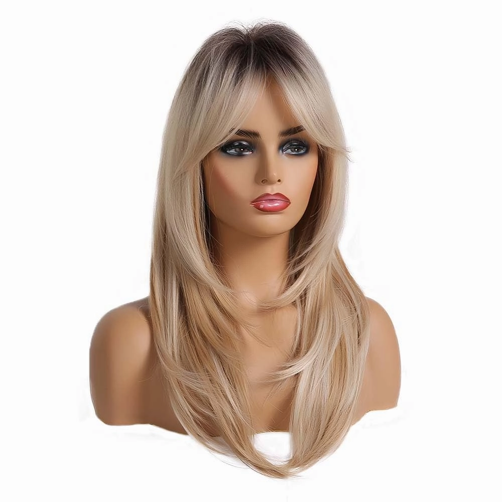 Aimole Long Straight Wig Brown Roots Ombre Blonde Synthetic Wigs with Bangs Women Natural Heat Resistant Fiber Synthetic Hair for Daily Cosplay