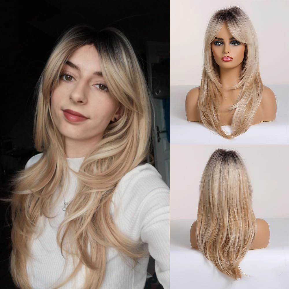 Aimole Long Straight Wig Brown Roots Ombre Blonde Synthetic Wigs with Bangs Women Natural Heat Resistant Fiber Synthetic Hair for Daily Cosplay