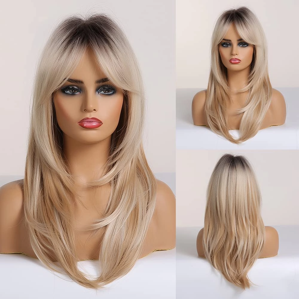Aimole Long Straight Wig Brown Roots Ombre Blonde Synthetic Wigs with Bangs Women Natural Heat Resistant Fiber Synthetic Hair for Daily Cosplay