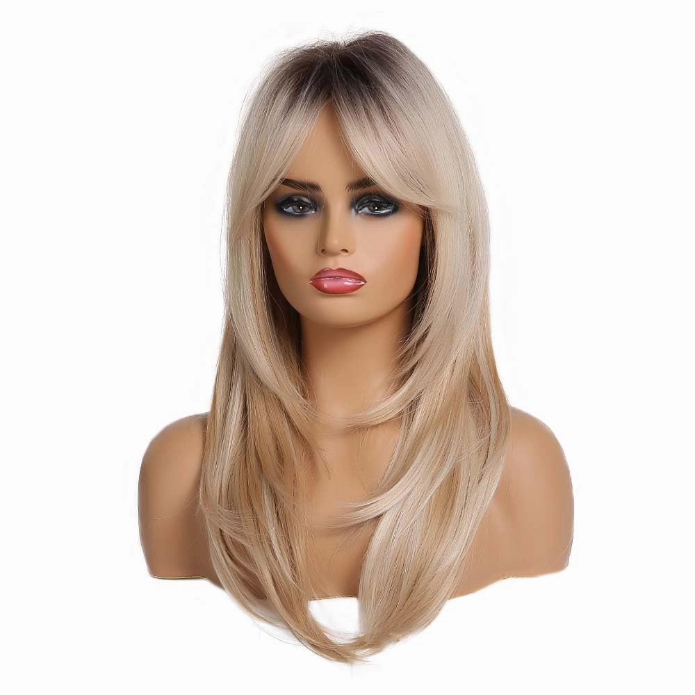 Aimole Long Straight Wig Brown Roots Ombre Blonde Synthetic Wigs with Bangs Women Natural Heat Resistant Fiber Synthetic Hair for Daily Cosplay