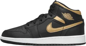Air Jordan 1 Mid Big Kids' Shoes (DQ8423-071, Black/White/Metallic Gold) Size 3.5
