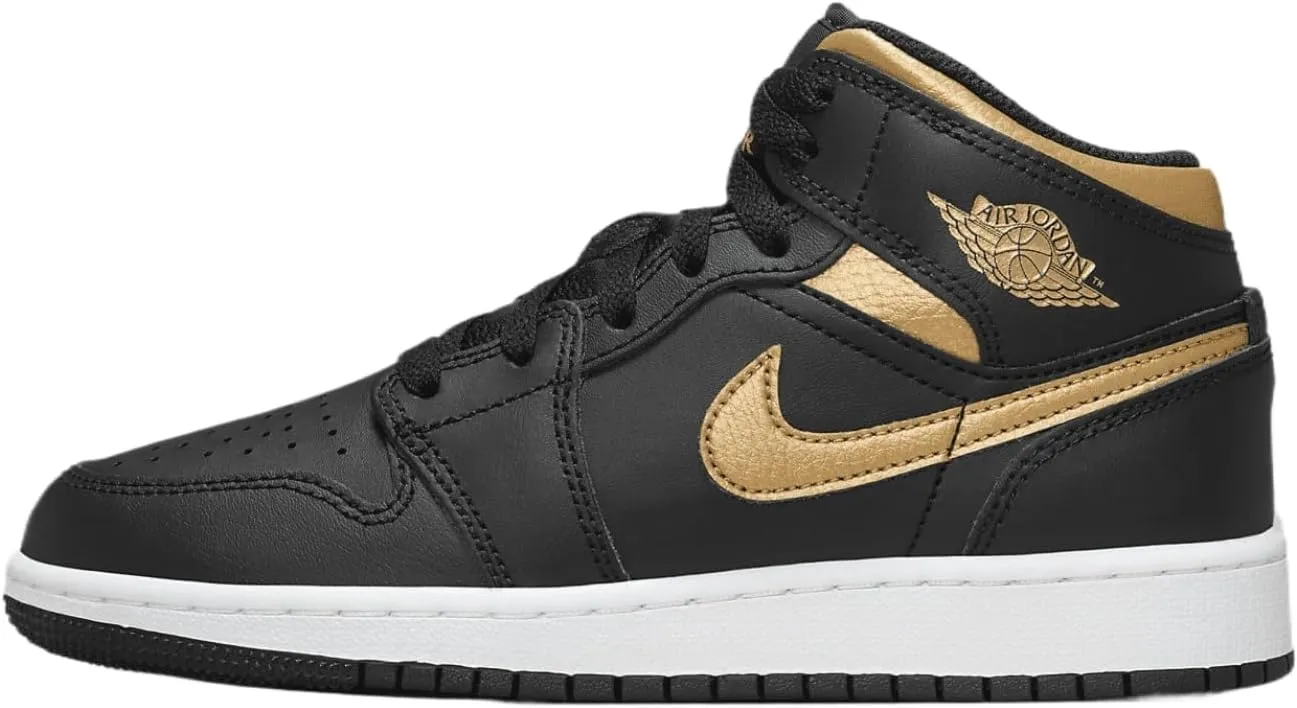 Air Jordan 1 Mid Big Kids' Shoes (DQ8423-071, Black/White/Metallic Gold) Size 3.5