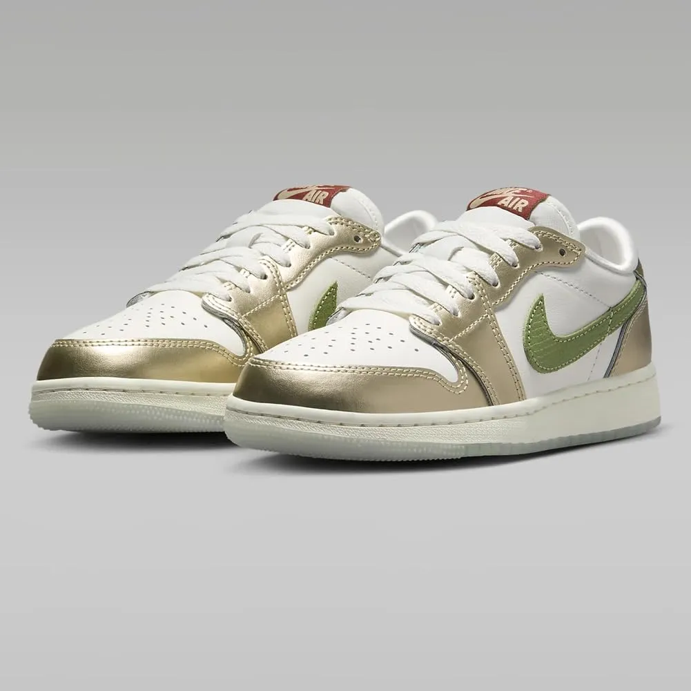 Air Jordan 1 Retro Low OG Chinese New Year Big Kids' Shoes (FQ6593-100, Sail/Metallic Gold Grain/Cedar/Oil Green)
