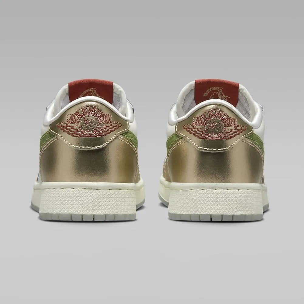 Air Jordan 1 Retro Low OG Chinese New Year Big Kids' Shoes (FQ6593-100, Sail/Metallic Gold Grain/Cedar/Oil Green)