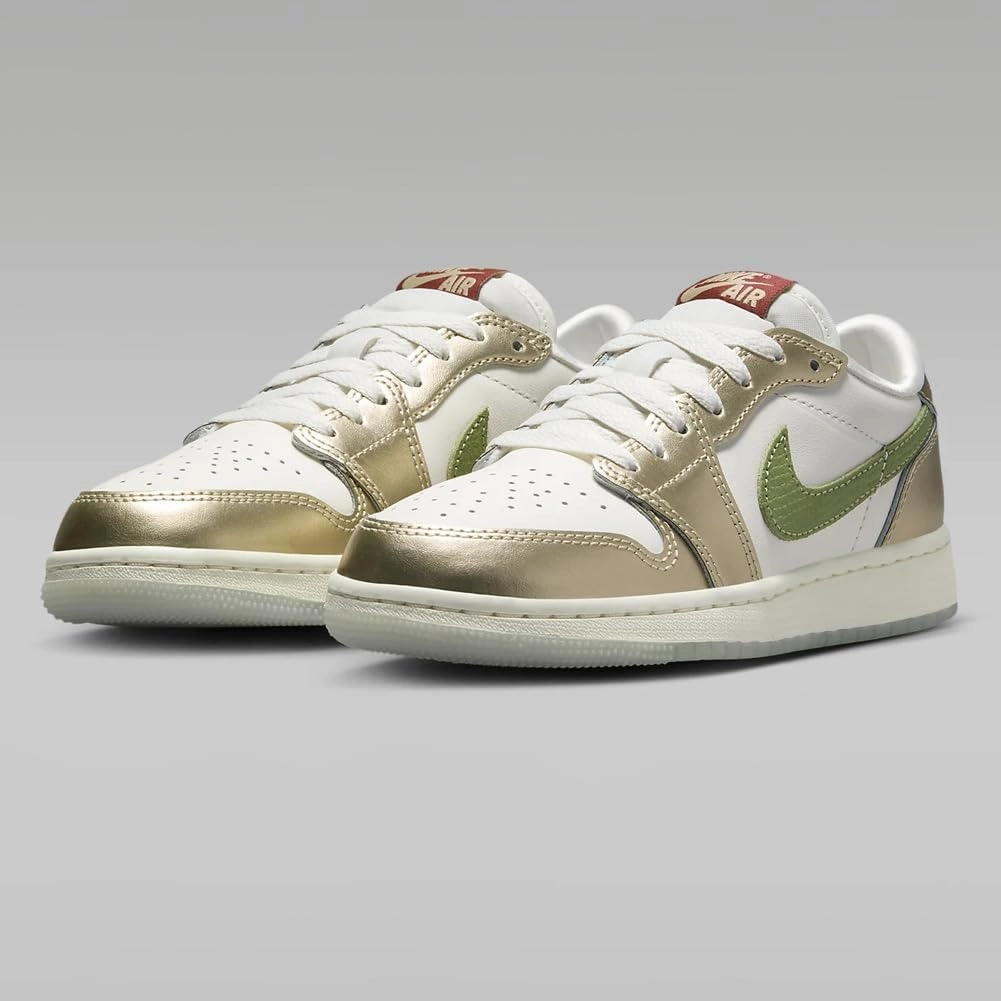 Air Jordan 1 Retro Low OG Chinese New Year Big Kids' Shoes (FQ6593-100, Sail/Metallic Gold Grain/Cedar/Oil Green)