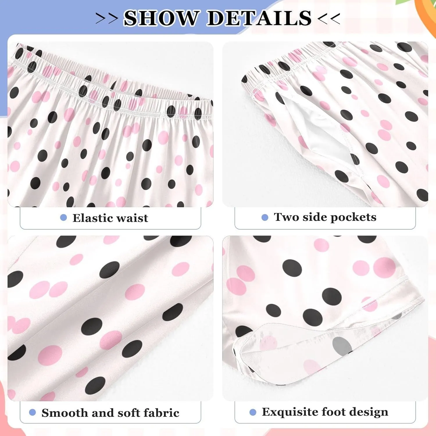 ALAZA Black and Pink Polka Dot Womens Silk Satin Pajamas Lounge Sleepwear Pants with Pockets,S