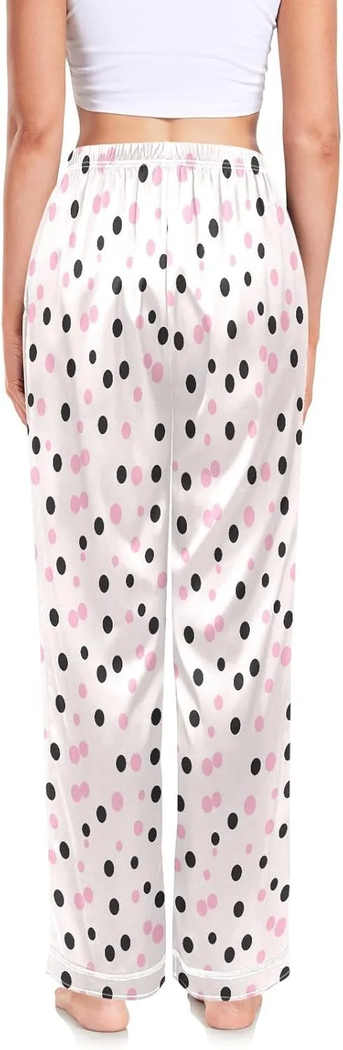 ALAZA Black and Pink Polka Dot Womens Silk Satin Pajamas Lounge Sleepwear Pants with Pockets,S