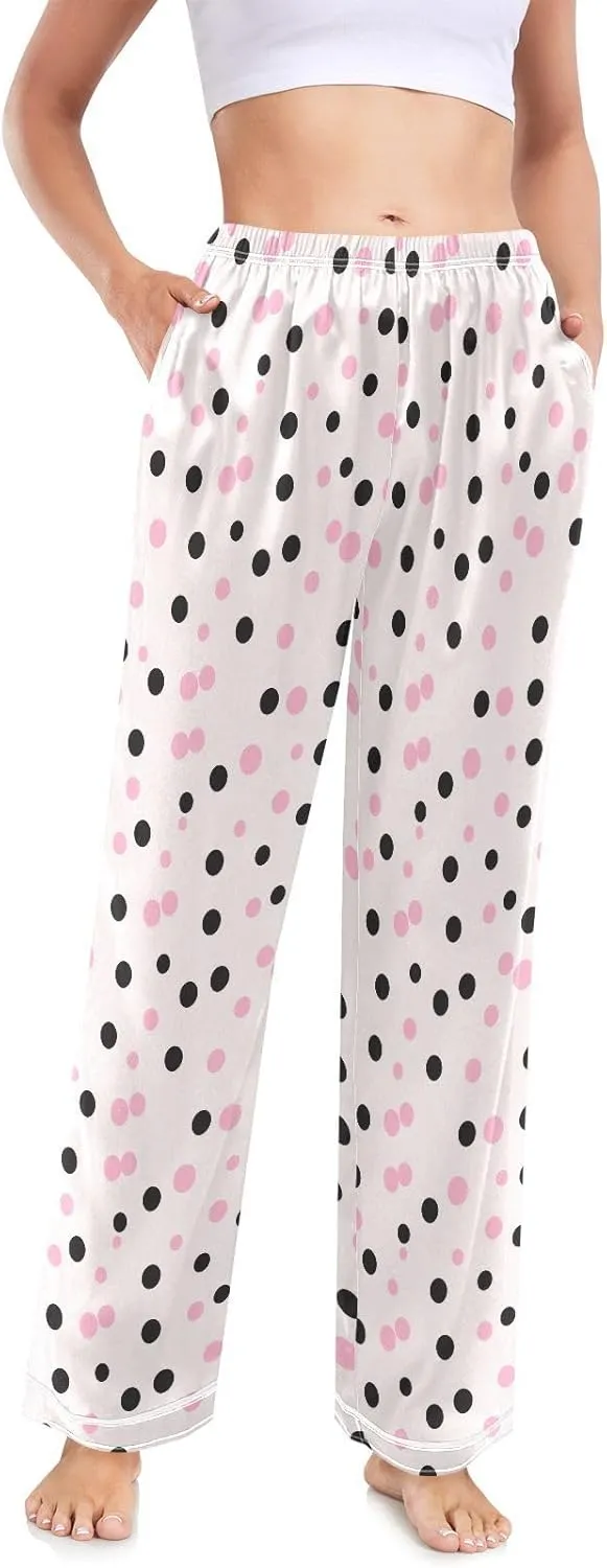 ALAZA Black and Pink Polka Dot Womens Silk Satin Pajamas Lounge Sleepwear Pants with Pockets,S