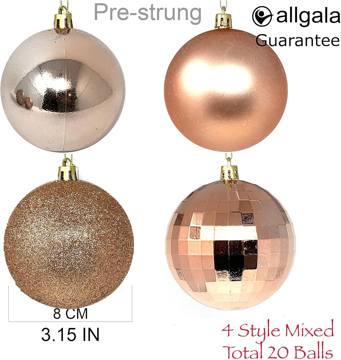 allgala 20 PK 3 Inch (8CM) Large Christmas Ornament Balls for Xmas Tree-4 Style-Rose Gold