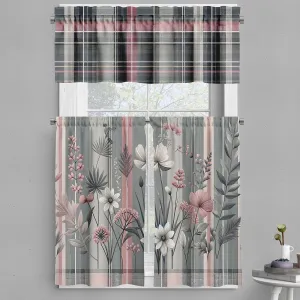 Ambesonne Floral Valance & Tier Curtain 3 pcs Set, Treasured Garden of Spring with Flowers and Calm Colored Tartan Plaid Pattern, Window Treatments for Kitchen Room Decor, 55" x 24", Pink and Grey