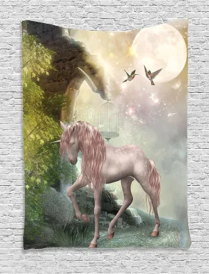 Ambesonne Hummingbirds Tapestry, Unicorn Green Spring Leaves Birds Twinkling Star Moon Mystic Fantasy, Wall Hanging for Bedroom Living Room Dorm Decor, 40" X 60", Pink Mint