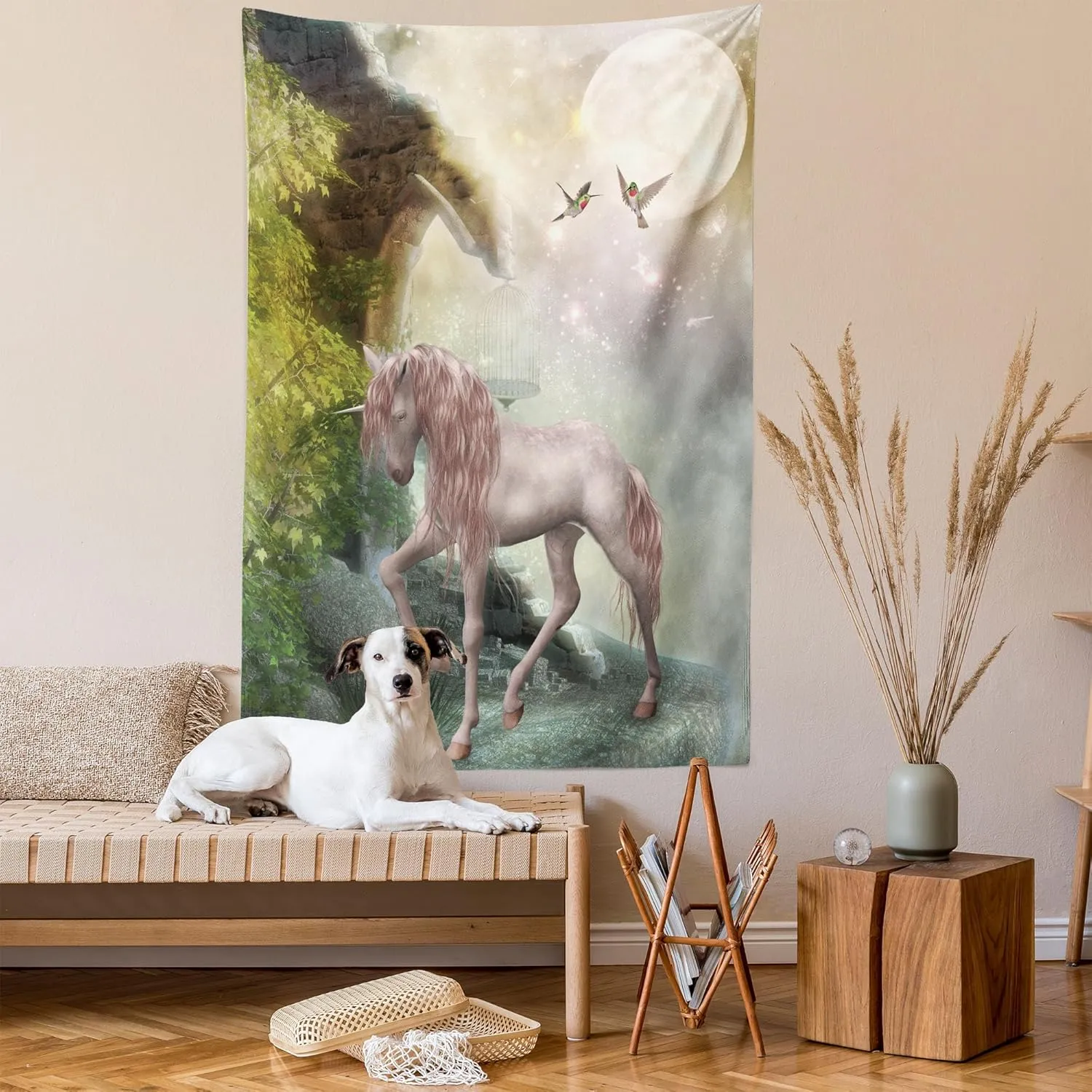 Ambesonne Hummingbirds Tapestry, Unicorn Green Spring Leaves Birds Twinkling Star Moon Mystic Fantasy, Wall Hanging for Bedroom Living Room Dorm Decor, 40" X 60", Pink Mint