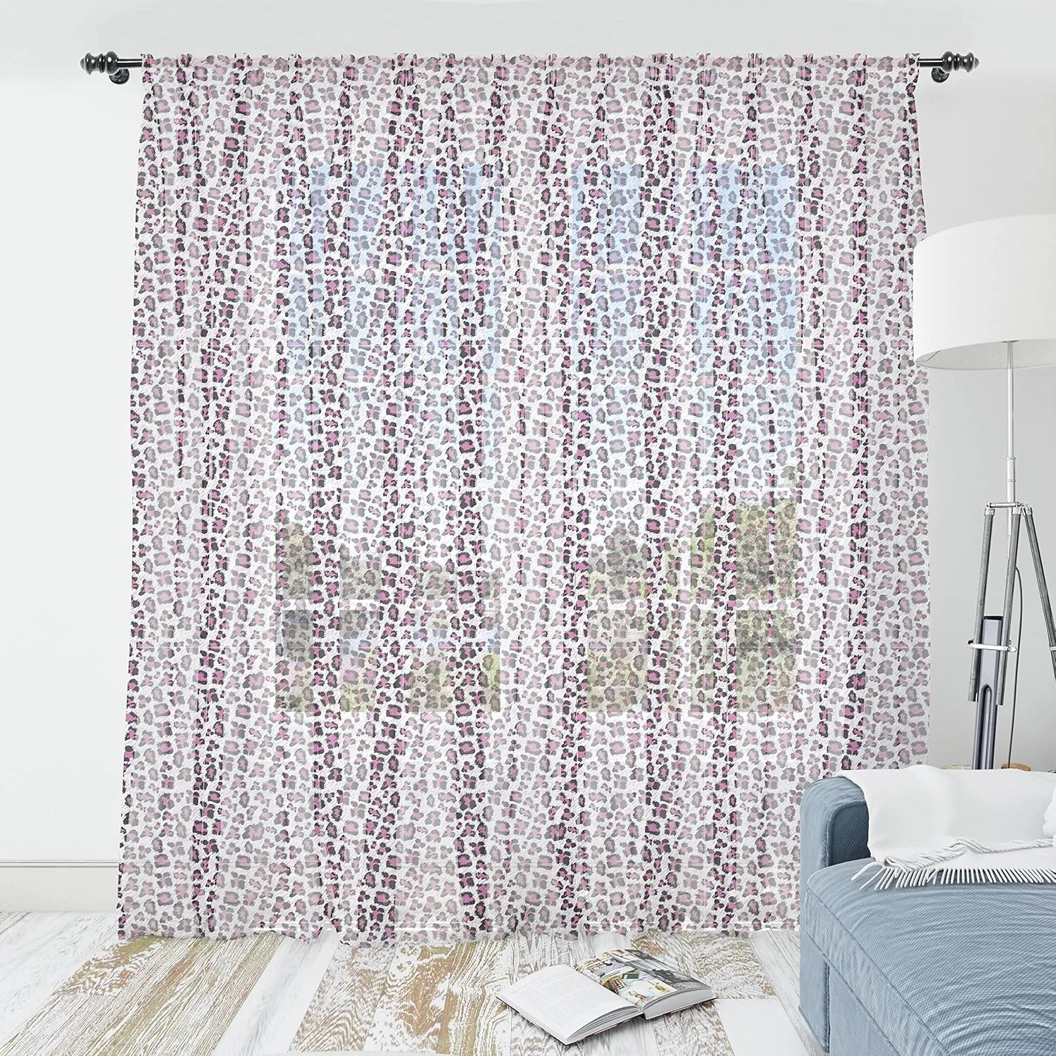 Ambesonne Leopard Print Tulle Curtains with Rod Pocket, Pink and Black Colored Girlish Pattern Savannah Savannah Wildlife Theme, Sheer Drape for Wedding Party 2 Panels, 108" x 72", White Black Pink