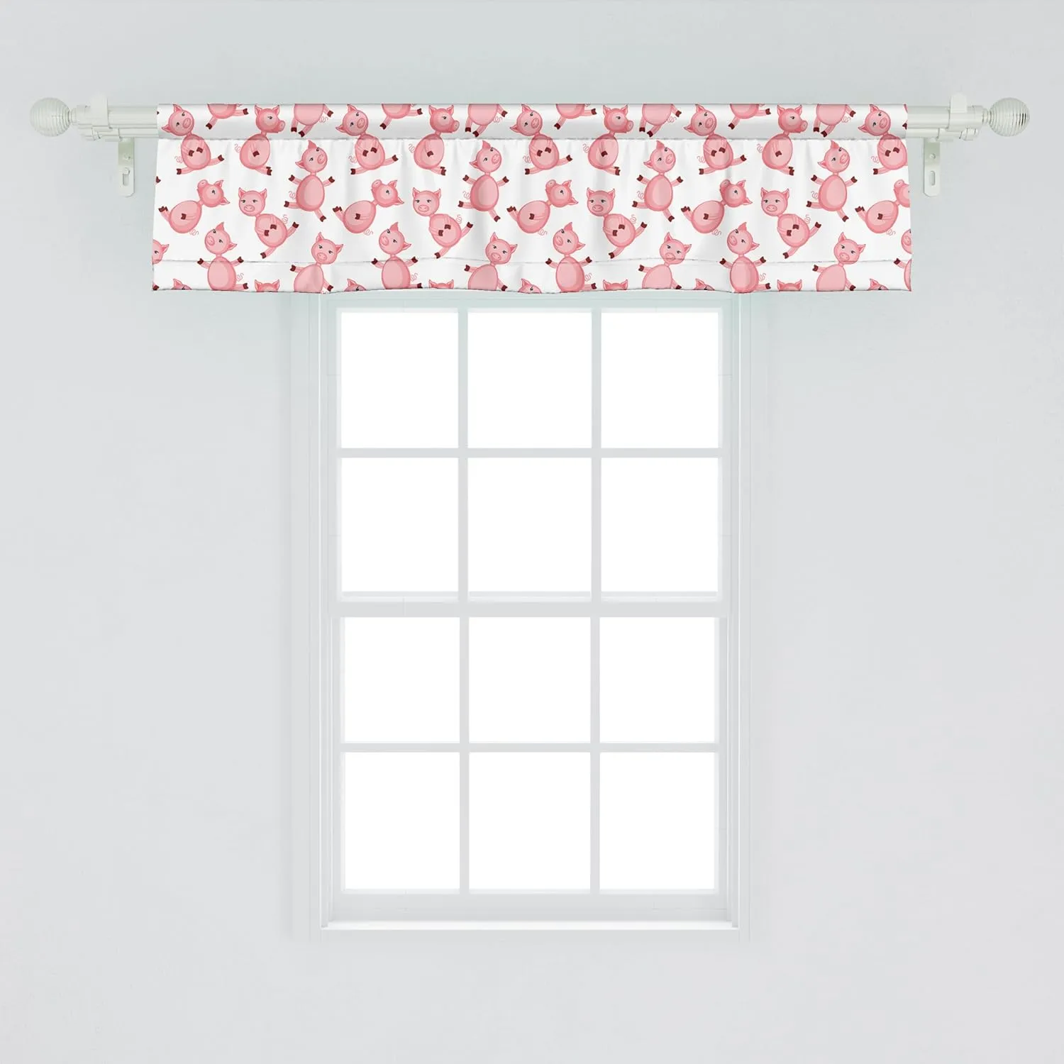 Ambesonne Pig Window Valance, Cartoon Sitting and Smiling Pigs Pattern Farmer Domestic Animal Concept, Curtain Valance for Kitchen Bedroom Decor with Rod Pocket, 54" X 12", Pink White