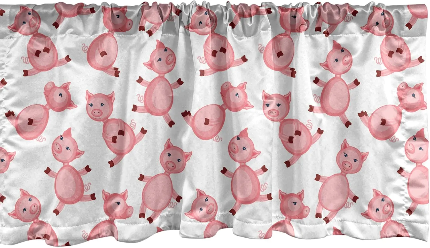 Ambesonne Pig Window Valance, Cartoon Sitting and Smiling Pigs Pattern Farmer Domestic Animal Concept, Curtain Valance for Kitchen Bedroom Decor with Rod Pocket, 54" X 12", Pink White