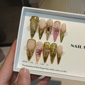 Antique Gold French Tips Press on Nails Long Stiletto,Baroque Style Fake Nails with 3D Charms Roses,Cherubs,Bows,Soft Gel Metallic Fake Nails Kit Tools 10pcs,Full Cover Vintage Luxe Nails(M)